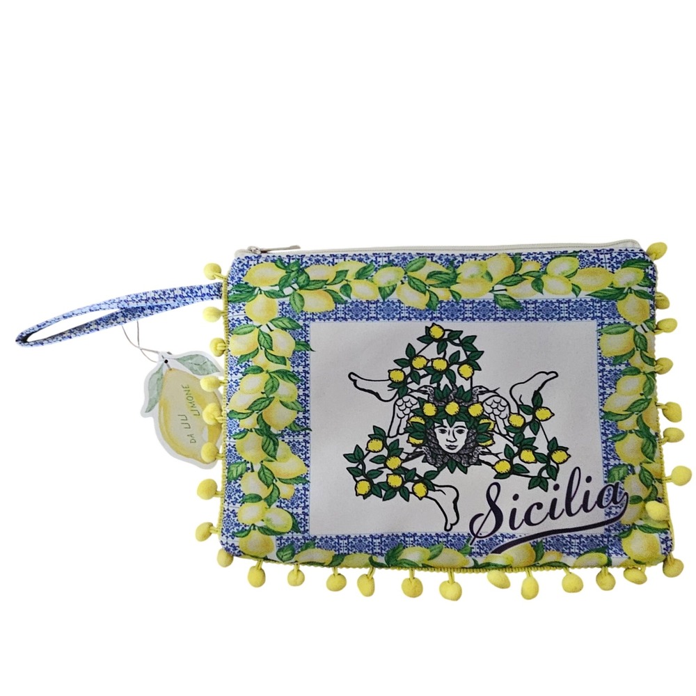Da Lili‎ Limone Sicilia Lemon Print Wristlet Pouch Pom Pom Trim Italian Bag NWT